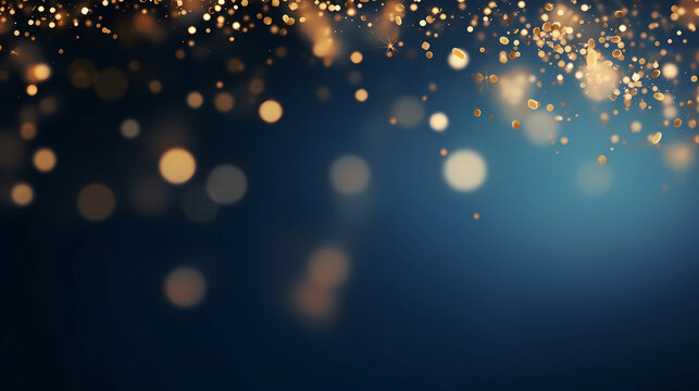 abstract background with Dark blue and gold particle. Christmas Golden light shine particles bokeh on navy blue background. Gold foil texture. Holiday concept.
