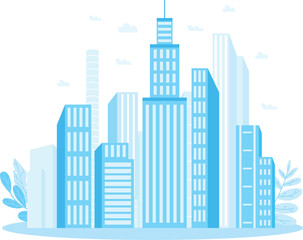 Modern cityscape with skyscrapers and tall buildings. Blue tone city skyline, urban architecture. City development and business district vector illustration.