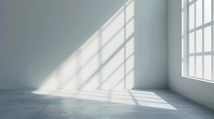 Empty room with minimalist light grey wall background with sun shadow for product presentation