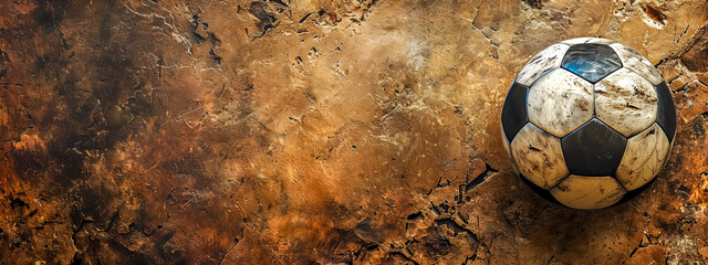 Worn soccer ball against a textured ancient wall backdrop