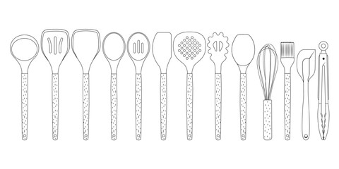 Set of outline kitchen tools doodles. Hand drawn silhouettes of kitchenware.