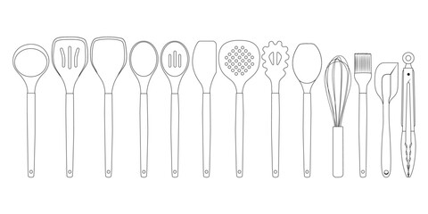 Set of outline kitchen tools doodles. Hand drawn silhouettes of kitchenware.