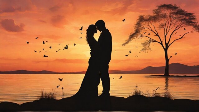  a silhouette image against a romantic sunset backdrop, incorporating elements that symbolize love without featuring human figures. - Generative AI