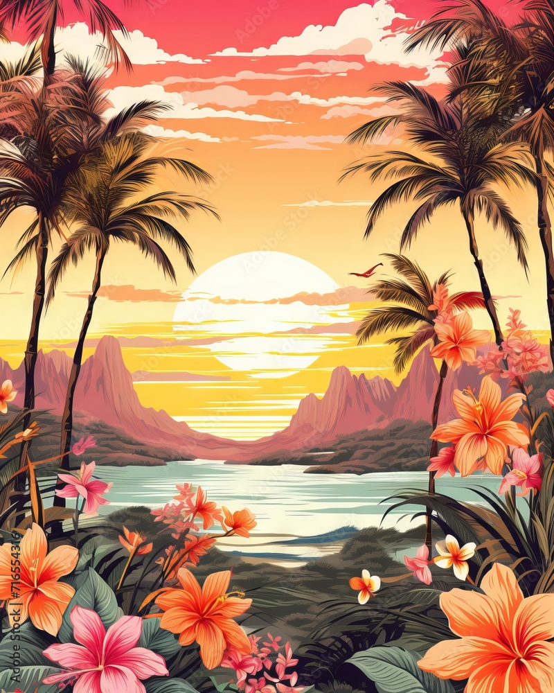 Wall mural Tropical paradise: A colorful and vibrant background with palm trees and flowers for t-shirt design