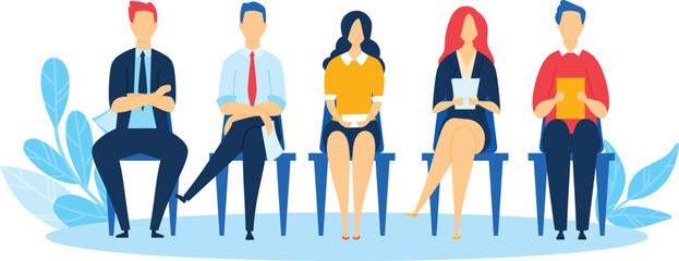 Five diverse professionals sitting in a row, job interview waiting room scene. Corporate diversity, recruitment concept vector illustration.