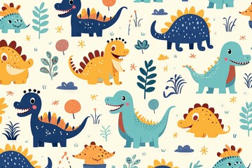 Childish dinosaur seamless pattern with lettering for fashion design. Hand drawn vector illustration of cute dinosaurs in pastel colors.