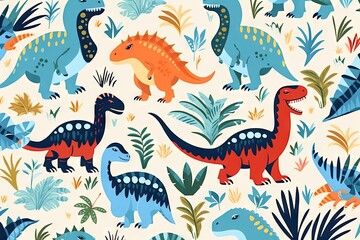 Childish dinosaur seamless pattern with lettering for fashion design. Hand drawn vector illustration of cute dinosaurs in pastel colors. - obrazy, fototapety, plakaty