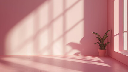 Empty room with minimalist blush pink wall background with sun shadow for product presentation
