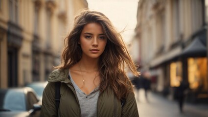 Obraz premium Woman Walking Down Street Next to Tall Buildings. Generative AI.