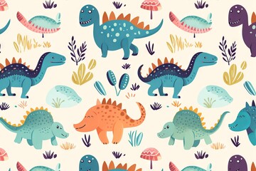 Childish dinosaur seamless pattern with lettering for fashion design. Hand drawn vector illustration of cute dinosaurs in pastel colors.