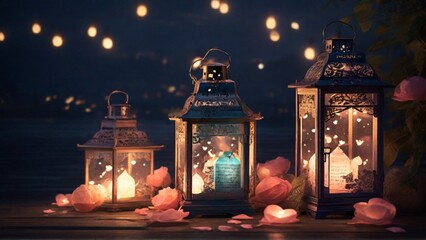 an image showcasing lanterns adorned with romantic messages, glowing softly in the night to convey an atmosphere of enchantment. - Generative AI - obrazy, fototapety, plakaty