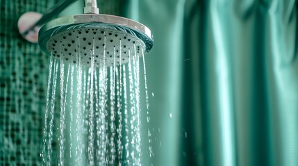 water flowing from the shower, a shower head with water running down it's side and a green curtain behind it in the background