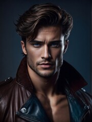 Fototapeta premium Man in Leather Jacket Looking at Camera, Cool, Confident, and Approachable. Generative AI.