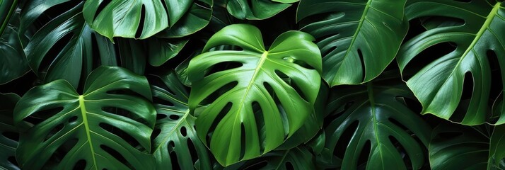 Green tropical monstera leaves. Background of various green tropical leaves. - obrazy, fototapety, plakaty
