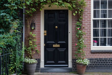 Fototapeta na wymiar Black front entrance door with floral decoration