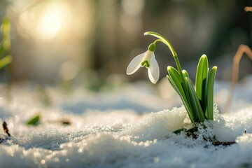 Snowdrop flowers blooming in snow covering. First spring flowers