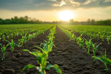 Springtime corn field with fresh, green sprouts.