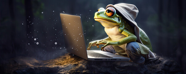 A doctor frog working on the laptop in office - obrazy, fototapety, plakaty