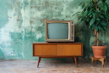 Vintage TV against retro wall.