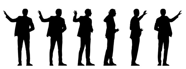 Vector concept conceptual black silhouette of a businessman making a presentation from different perspectives isolated on white. A metaphor for confidence, leadership, business, competence and vision - obrazy, fototapety, plakaty
