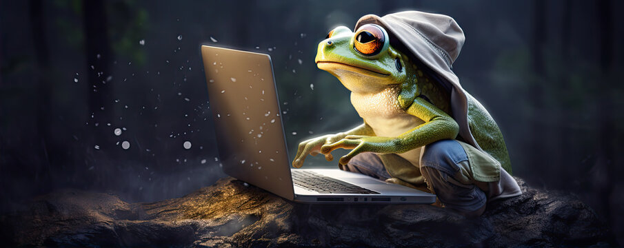 A doctor frog working on the laptop in office
