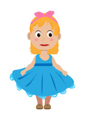 a girl in a blue dress with a pink bow on a white background