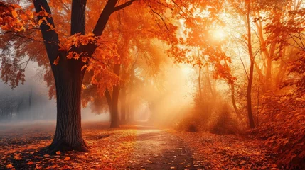 Foto op Plexiglas Autumn forest path. Orange color tree, red brown maple leaves in fall city park. Nature scene in sunset fog Wood in scenic scenery Bright light sun Sunrise of a sunny day, morning sunlight view. © buraratn