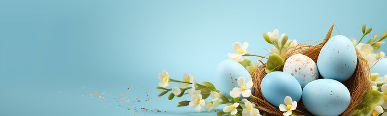 Osterbanner mit bemalten Eiern  auf hellblauem Hintergrund. Draufsicht, flach gelegt mit Kopierraum