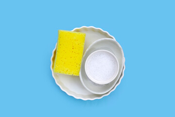 Bowl and plate with cleaning spong. Washing dishes concept