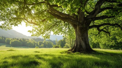 Fototapeta premium Big tree with fresh green leaves and green spring meadow