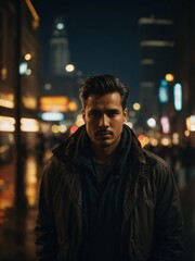 Fototapeta premium Man Standing in Middle of Night City. Generative AI.