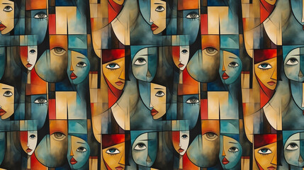 Modern female face seamless pattern in the style of Cubism, Neoplasticism and Bauhaus. Perfect woman for interior design, printing