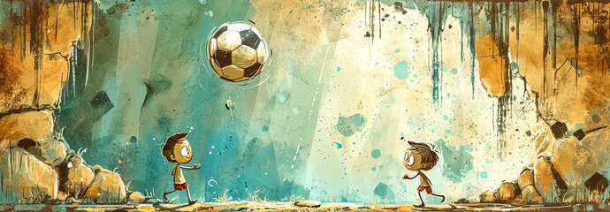 Animated children playing soccer in a whimsical, rustic cave painting style
