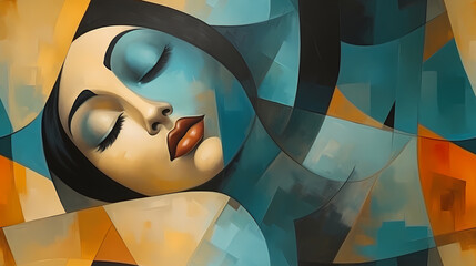 Modern female face seamless pattern in the style of Cubism, Neoplasticism and Bauhaus. Perfect woman for interior design, printing