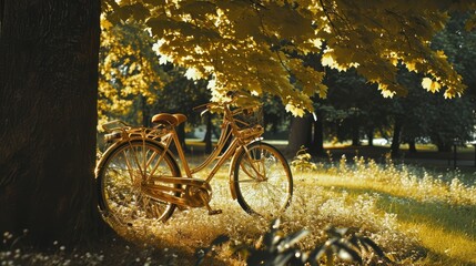 Fototapeta premium Golden bicycle in fresh summer park
