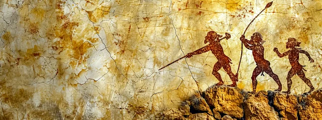 Foto op Canvas Artistic representation of ancient hunters on a rustic cave wall © edojob