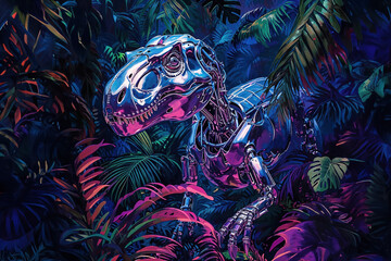 Robotic Dinosaur Skeleton in Neon Jungle