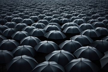 Top view of a frame filled with black umbrellas in rain