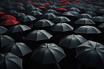 Top view of a frame filled with black and red coloured umbrellas
