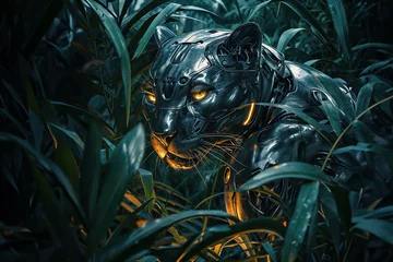Fototapeten Cyber Sentinel: Mechanical Panther in Green Foliage © Oksana