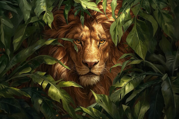 Majestic Lion Camouflaged in Foliage - obrazy, fototapety, plakaty