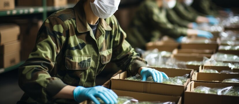 A military woman volunteer in a medical mask collects food and equipment in boxes to be sent as humanitarian cargo. Concept: organizing logistics and helping the army
