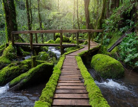 bridge covered with green moss in the rain forest