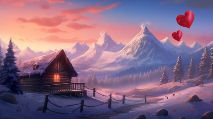 A captivating background featuring a snowy mountain vista, bathed in warm sunlight, with a heart-shaped clearing and a rustic cabin, creating a serene and romantic atmosphere  - Generative AI - obrazy, fototapety, plakaty