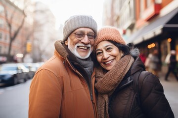 Portrait of a smiling senior couple of Indian ethnicity wearing winter clothing in the outdoor - obrazy, fototapety, plakaty