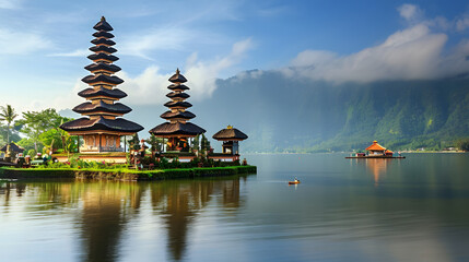 Ulun Danu temple on Bratan lake, Bali, Indonesia - obrazy, fototapety, plakaty
