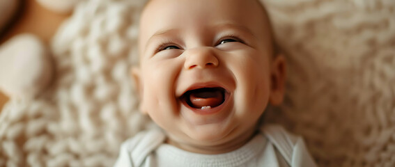 portrait of a happy little child - a baby laughing in a close up shot.