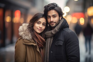 Loving young Indian young couple wearing winter clothing in the outdoor