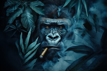 Gorilla with Cigar in Misty Jungle - obrazy, fototapety, plakaty