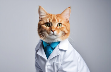 red cat-doctor, in a white coat, plain background, studio photo
